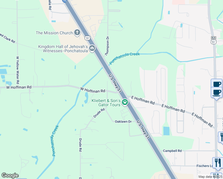 map of restaurants, bars, coffee shops, grocery stores, and more near 41045 Interstate 55 Frontage Road in Hammond