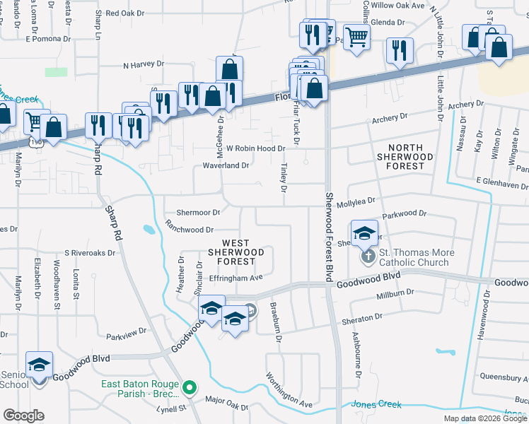 map of restaurants, bars, coffee shops, grocery stores, and more near 11055 Mollylea Drive in Baton Rouge