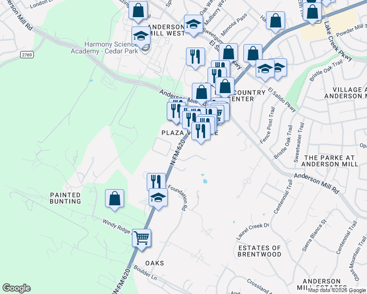 map of restaurants, bars, coffee shops, grocery stores, and more near 11400 North FM 620 in Austin