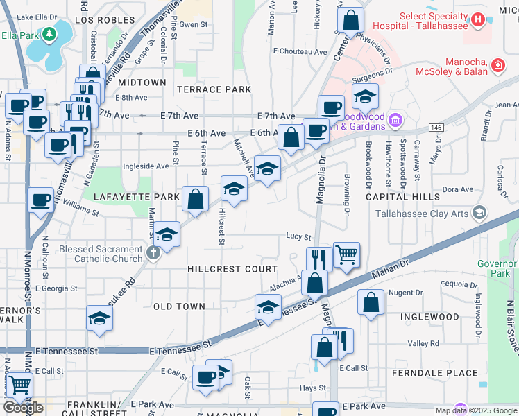 map of restaurants, bars, coffee shops, grocery stores, and more near 927 Miccosukee Road in Tallahassee