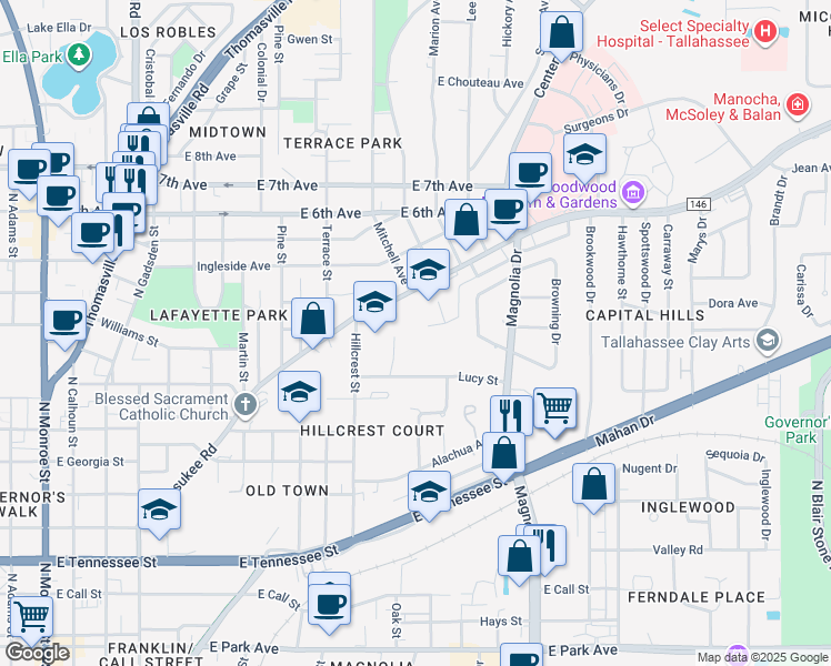 map of restaurants, bars, coffee shops, grocery stores, and more near 927 Miccosukee Road in Tallahassee