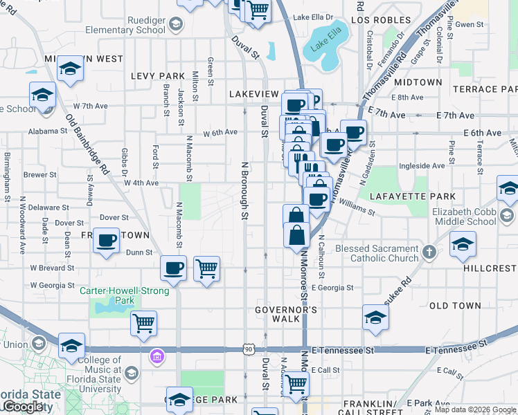 map of restaurants, bars, coffee shops, grocery stores, and more near 1000 North Duval Street in Tallahassee
