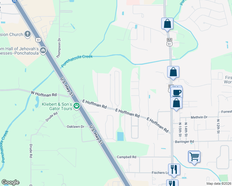 map of restaurants, bars, coffee shops, grocery stores, and more near 15569 East Hoffman Road in Ponchatoula