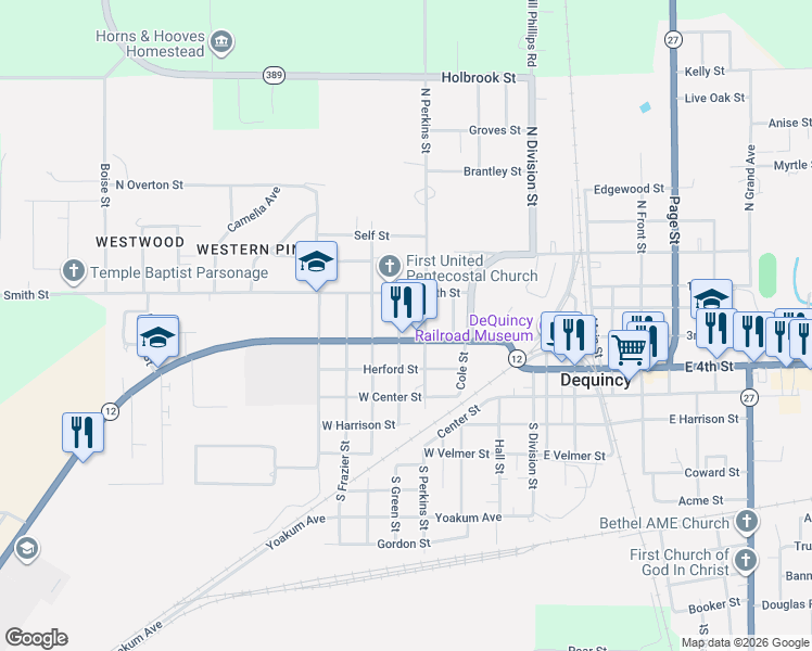 map of restaurants, bars, coffee shops, grocery stores, and more near 311 North Green Street in DeQuincy
