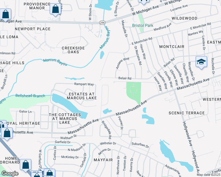 map of restaurants, bars, coffee shops, grocery stores, and more near 1009 Massachusetts Lane in Pensacola