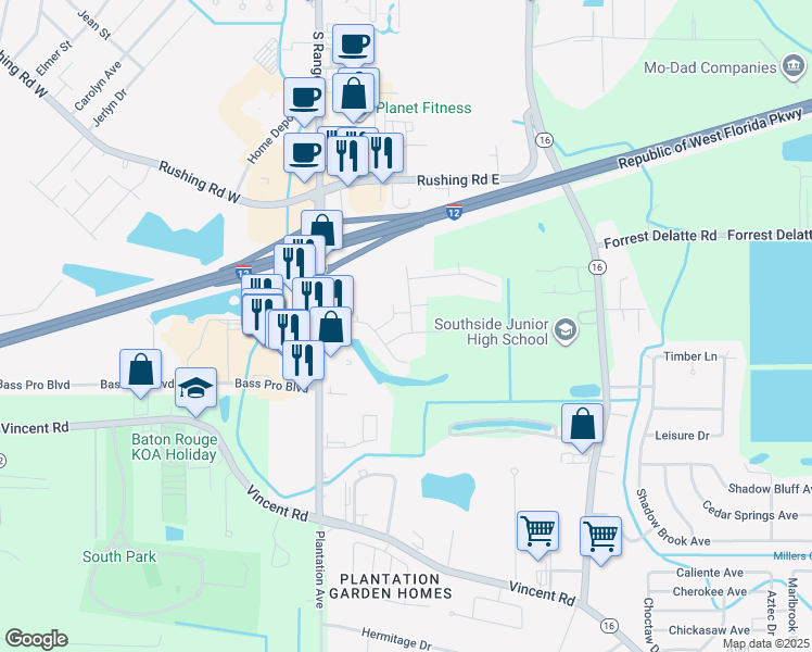 map of restaurants, bars, coffee shops, grocery stores, and more near 120 Lakewood Avenue in Denham Springs