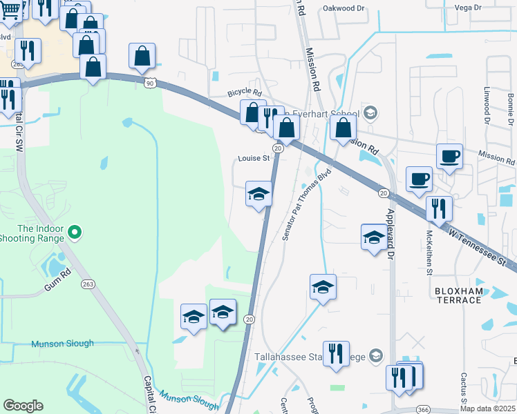 map of restaurants, bars, coffee shops, grocery stores, and more near 3125 Katherine Street in Tallahassee