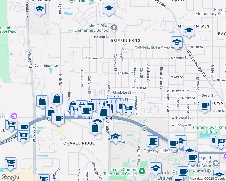 map of restaurants, bars, coffee shops, grocery stores, and more near 1002 Calloway Street in Tallahassee