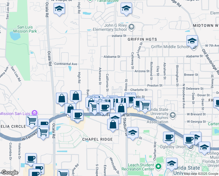 map of restaurants, bars, coffee shops, grocery stores, and more near 809 California Street in Tallahassee