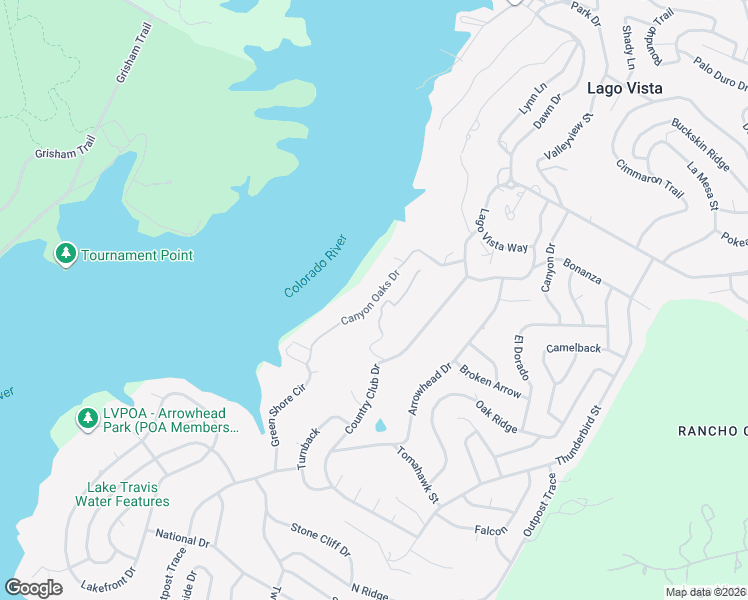 map of restaurants, bars, coffee shops, grocery stores, and more near 5312 Canyon Oaks Drive in Lago Vista