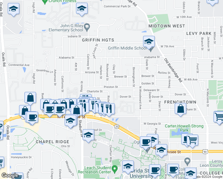 map of restaurants, bars, coffee shops, grocery stores, and more near 911 Richmond Street in Tallahassee