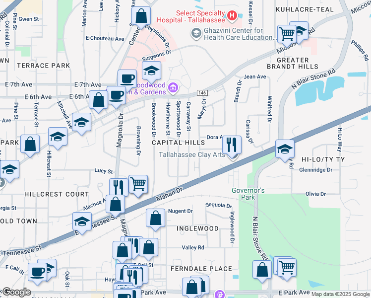 map of restaurants, bars, coffee shops, grocery stores, and more near 1101 Carraway Street in Tallahassee