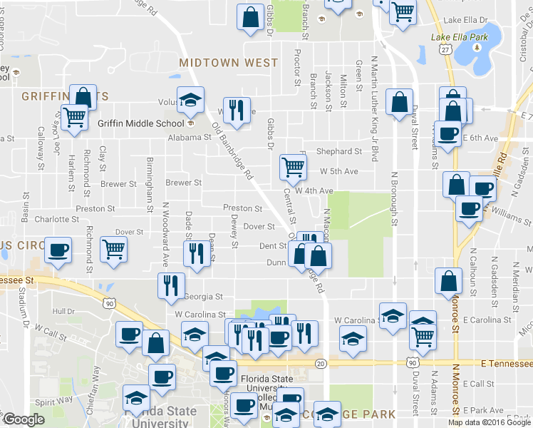map of restaurants, bars, coffee shops, grocery stores, and more near 1016 Old Bainbridge Road in Tallahassee