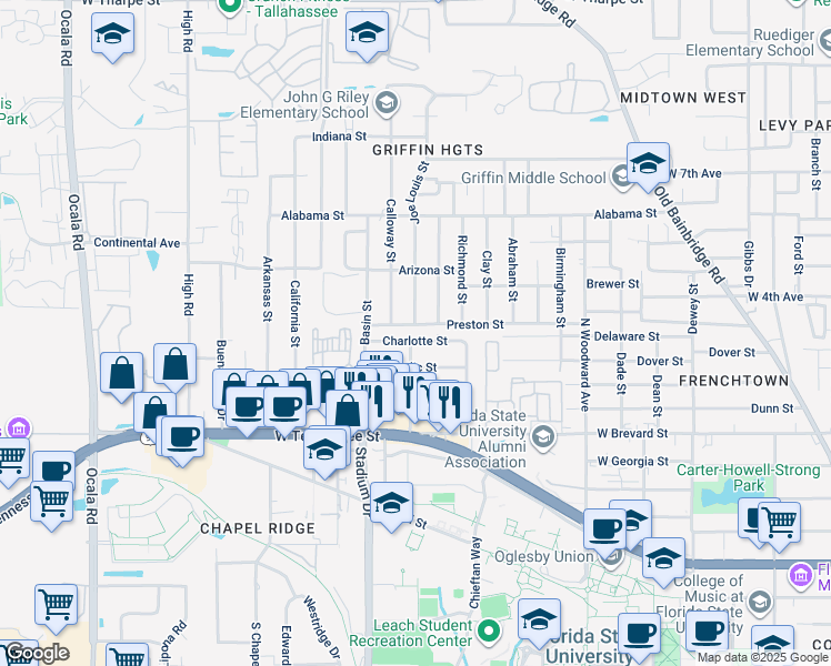 map of restaurants, bars, coffee shops, grocery stores, and more near 1005 Joe Louis Street in Tallahassee