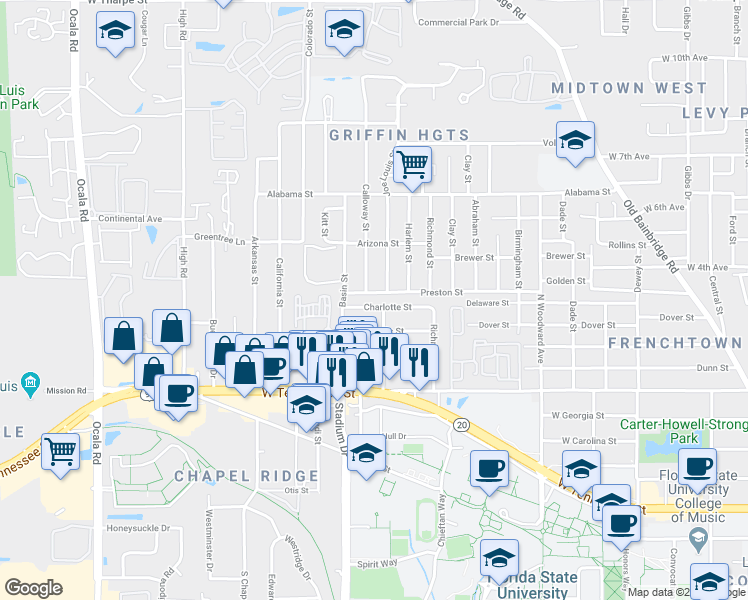 map of restaurants, bars, coffee shops, grocery stores, and more near 1002 Calloway Street in Tallahassee