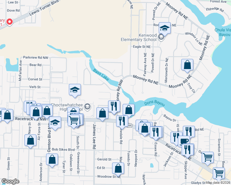 map of restaurants, bars, coffee shops, grocery stores, and more near 1 Sherwood Road Northwest in Fort Walton Beach