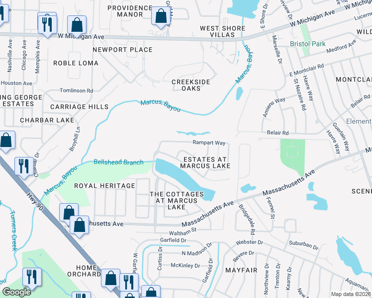 map of restaurants, bars, coffee shops, grocery stores, and more near 7072 Rampart Way in Pensacola