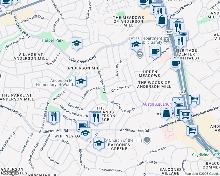 map of restaurants, bars, coffee shops, grocery stores, and more near 10317 Timbercrest Lane in Austin