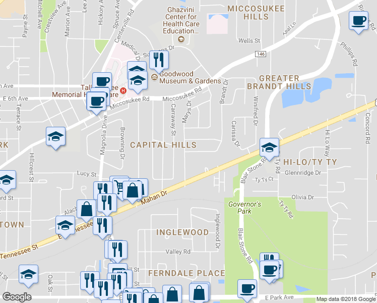 map of restaurants, bars, coffee shops, grocery stores, and more near 1705 Kathryn Drive in Tallahassee