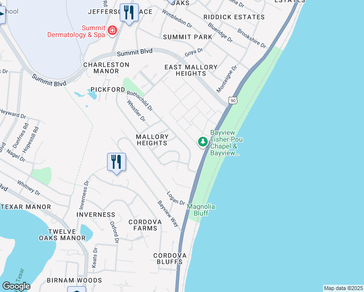 map of restaurants, bars, coffee shops, grocery stores, and more near 3475 Rothschild Drive in Pensacola