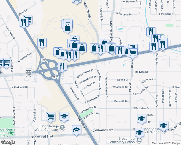 map of restaurants, bars, coffee shops, grocery stores, and more near 9121 Meadowood Street in Baton Rouge