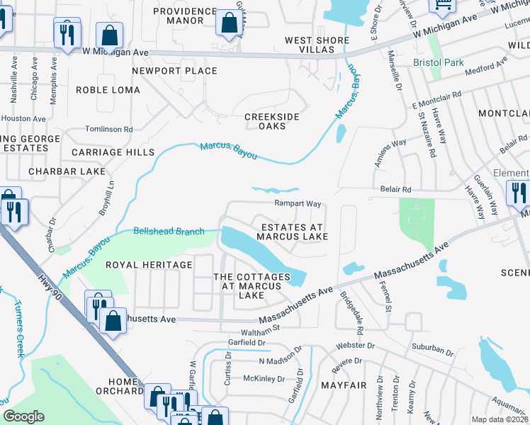 map of restaurants, bars, coffee shops, grocery stores, and more near 7072 Rampart Way in Pensacola