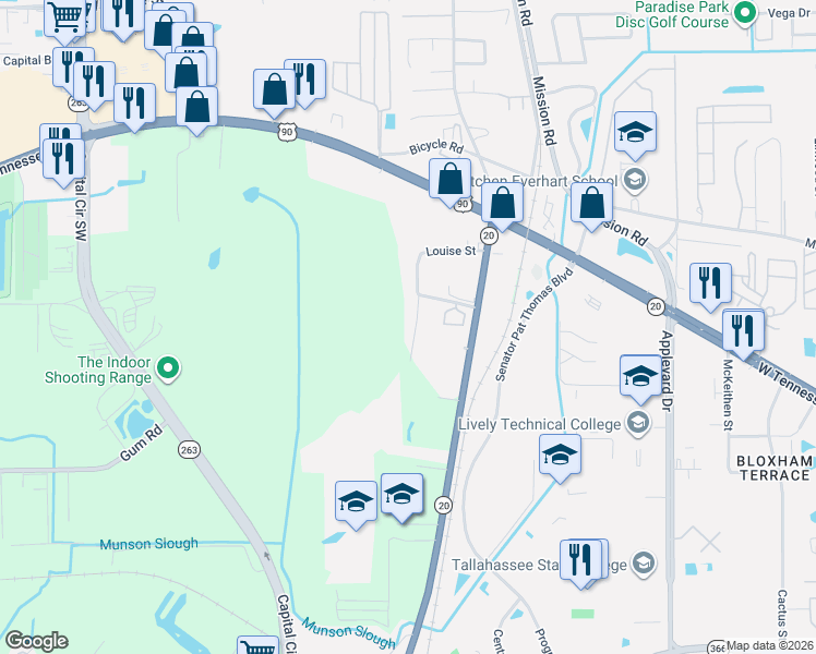 map of restaurants, bars, coffee shops, grocery stores, and more near 1332 Burgess Drive in Tallahassee