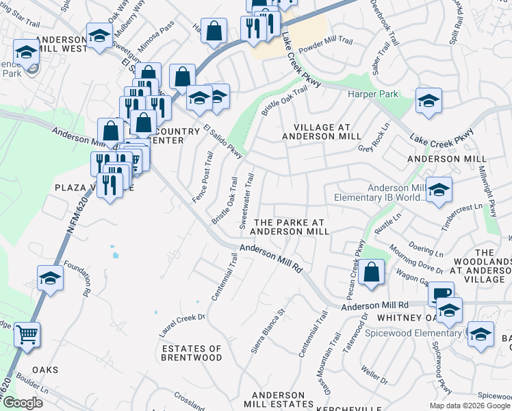 map of restaurants, bars, coffee shops, grocery stores, and more near 11609 Sweetwater Trail in Austin