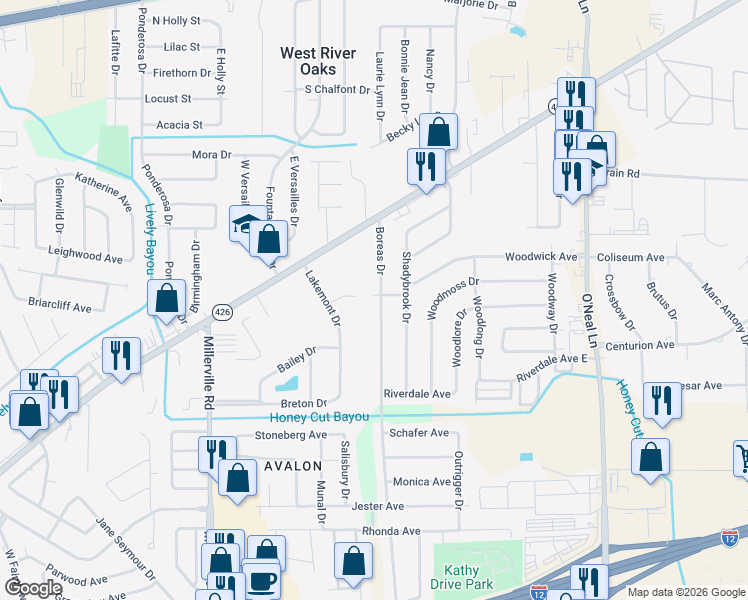 map of restaurants, bars, coffee shops, grocery stores, and more near 15134 Lily Avenue in Baton Rouge