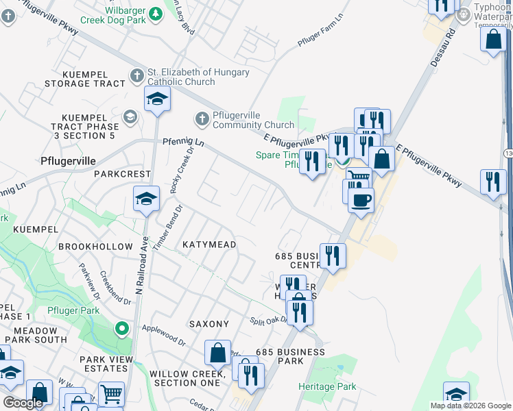 map of restaurants, bars, coffee shops, grocery stores, and more near 1503 Pfennig Lane in Pflugerville