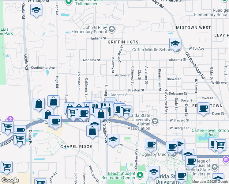 map of restaurants, bars, coffee shops, grocery stores, and more near 1416 Charlotte Street in Tallahassee