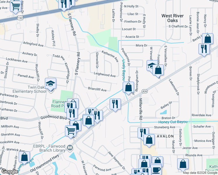map of restaurants, bars, coffee shops, grocery stores, and more near 502 Glenway Drive in Baton Rouge