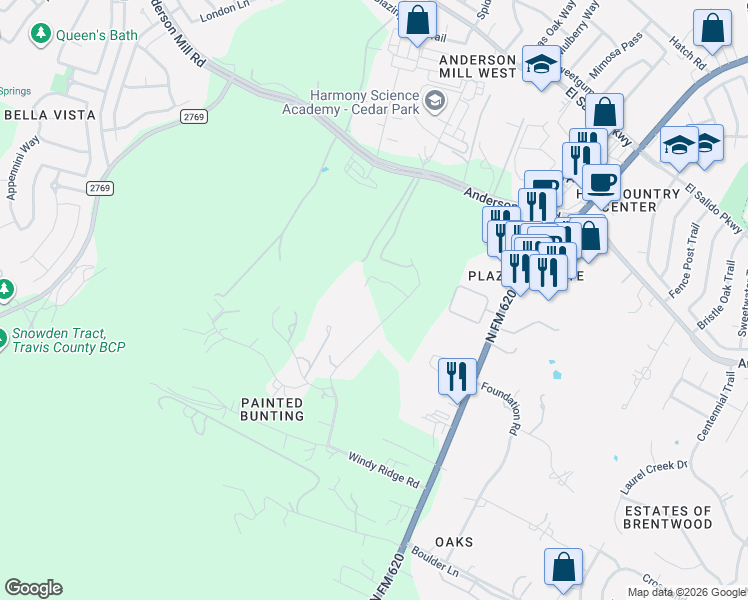 map of restaurants, bars, coffee shops, grocery stores, and more near 12171 Windy Ridge Road in Austin