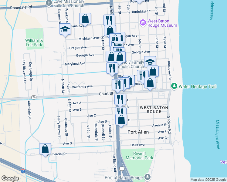 map of restaurants, bars, coffee shops, grocery stores, and more near 141 North Alexander Avenue in Port Allen