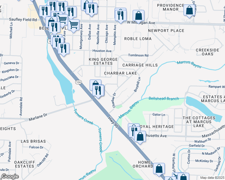map of restaurants, bars, coffee shops, grocery stores, and more near 2104 Pullman Circle in Pensacola