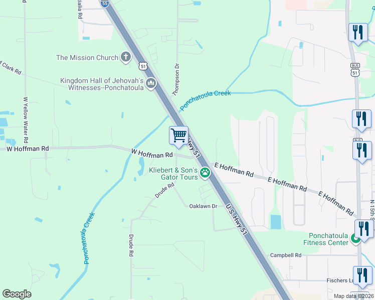 map of restaurants, bars, coffee shops, grocery stores, and more near 41045 Interstate 55 Frontage Road in Hammond