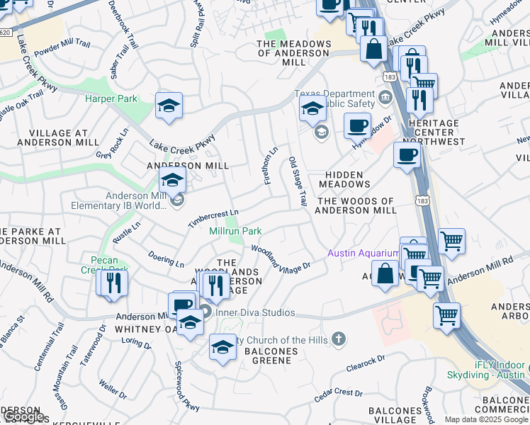 map of restaurants, bars, coffee shops, grocery stores, and more near 12112 Old Stage Trail in Austin