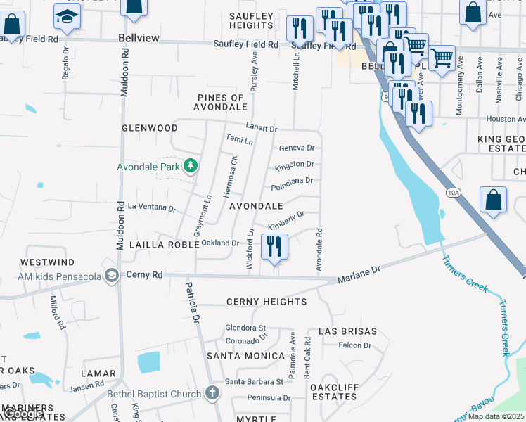 map of restaurants, bars, coffee shops, grocery stores, and more near 5698 Wickford Lane in Pensacola