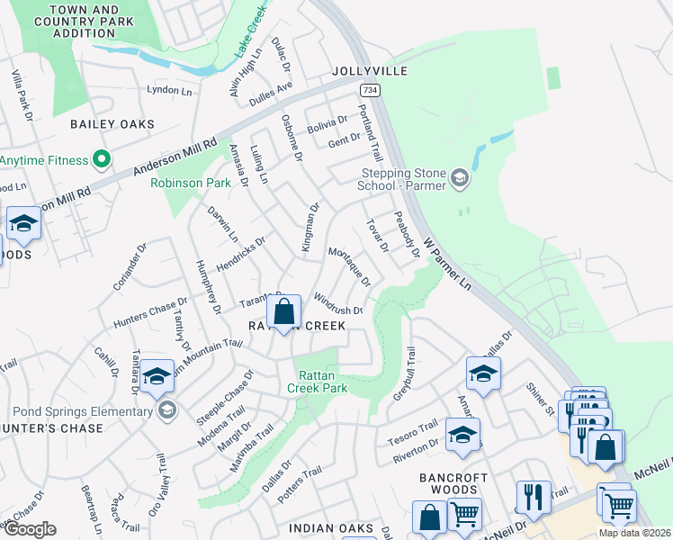 map of restaurants, bars, coffee shops, grocery stores, and more near 13301 Tamayo Drive in Austin