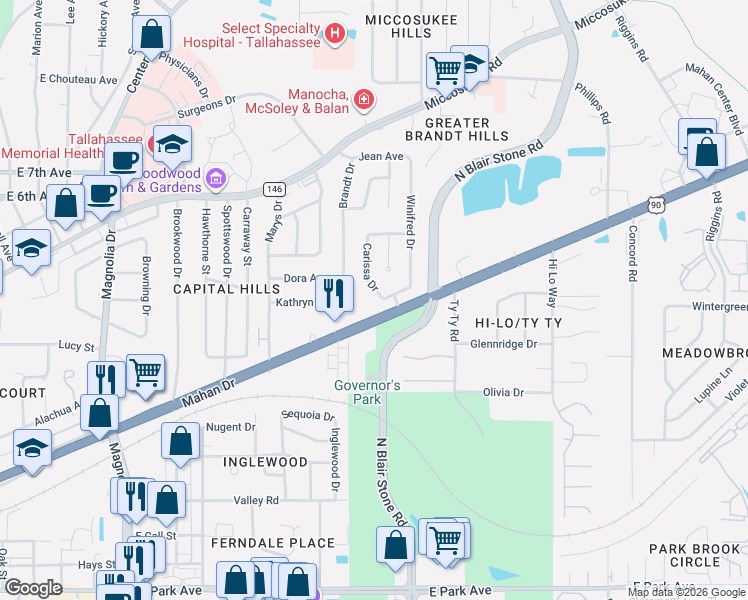 map of restaurants, bars, coffee shops, grocery stores, and more near 1804 Quince Drive in Tallahassee