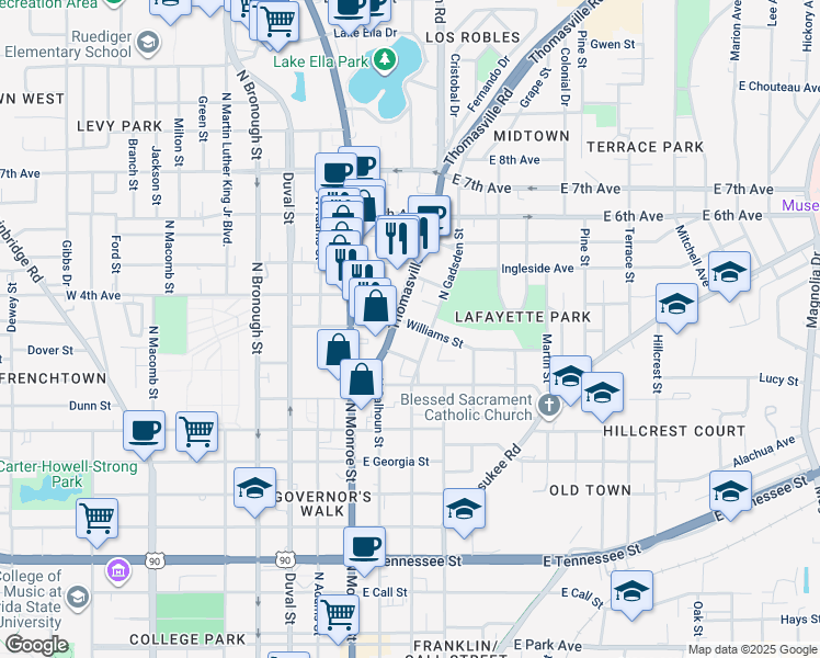 map of restaurants, bars, coffee shops, grocery stores, and more near 1018 Florida 155 in Tallahassee