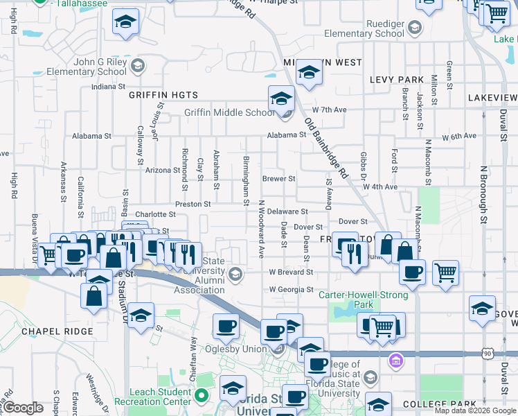 map of restaurants, bars, coffee shops, grocery stores, and more near 1020 North Woodward Avenue in Tallahassee