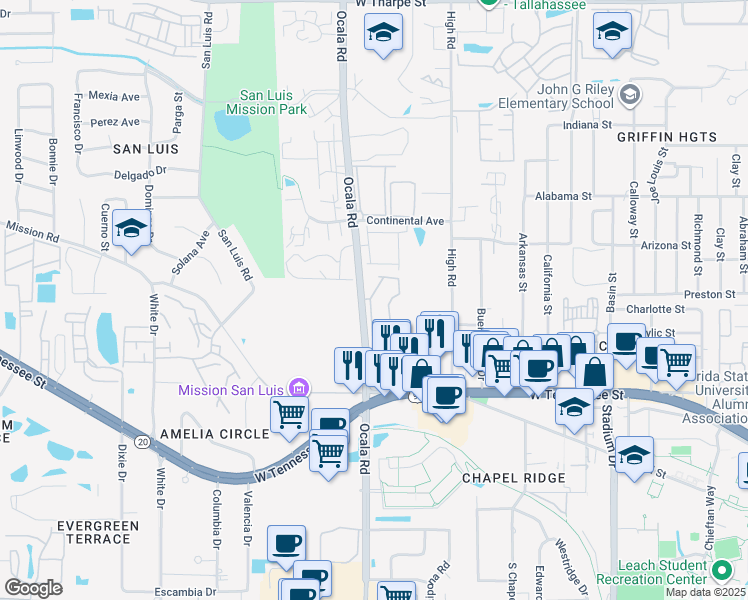 map of restaurants, bars, coffee shops, grocery stores, and more near 1079 Ocala Road in Tallahassee