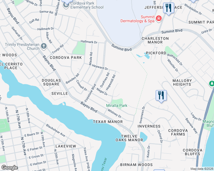 map of restaurants, bars, coffee shops, grocery stores, and more near 3530 Dunfries Road in Pensacola