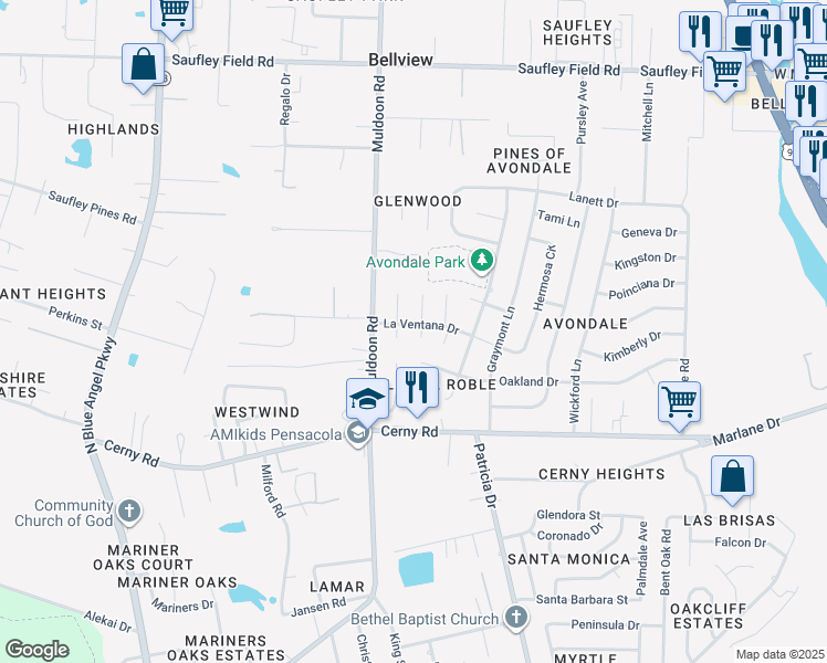 map of restaurants, bars, coffee shops, grocery stores, and more near 4944 La Ventana Drive in Pensacola