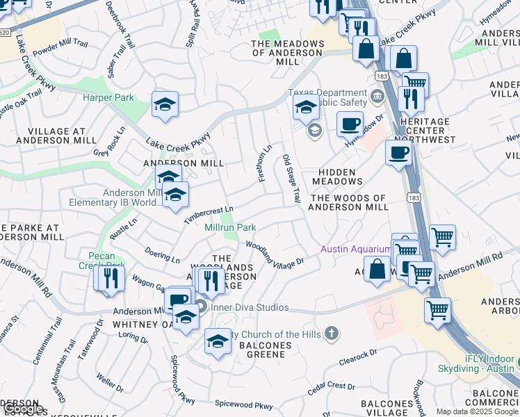 map of restaurants, bars, coffee shops, grocery stores, and more near 10317 Timbercrest Lane in Austin