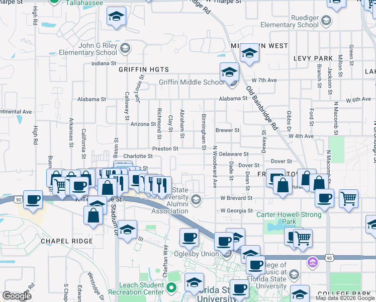 map of restaurants, bars, coffee shops, grocery stores, and more near 1008 Ellington Court in Tallahassee