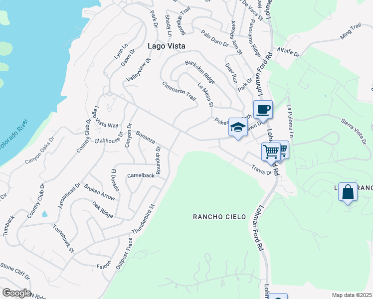 map of restaurants, bars, coffee shops, grocery stores, and more near 5803 Thunderbird Street in Lago Vista