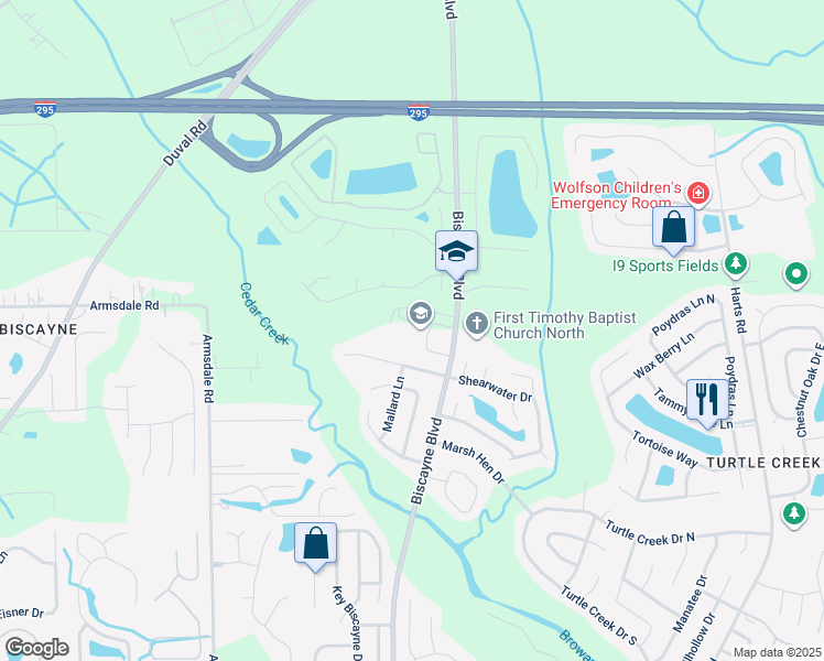 map of restaurants, bars, coffee shops, grocery stores, and more near 12230 Biscayne Boulevard in Jacksonville