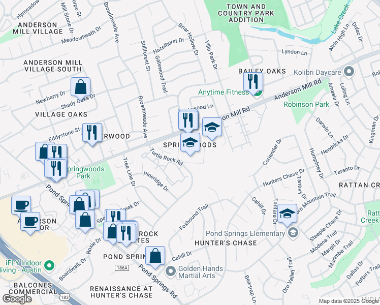 map of restaurants, bars, coffee shops, grocery stores, and more near 8849 Anderson Mill Road in Austin
